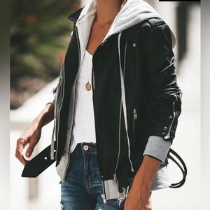 DYLAN HOODED FAUX LEATHER POCKETED BOMBER JACKET NWT